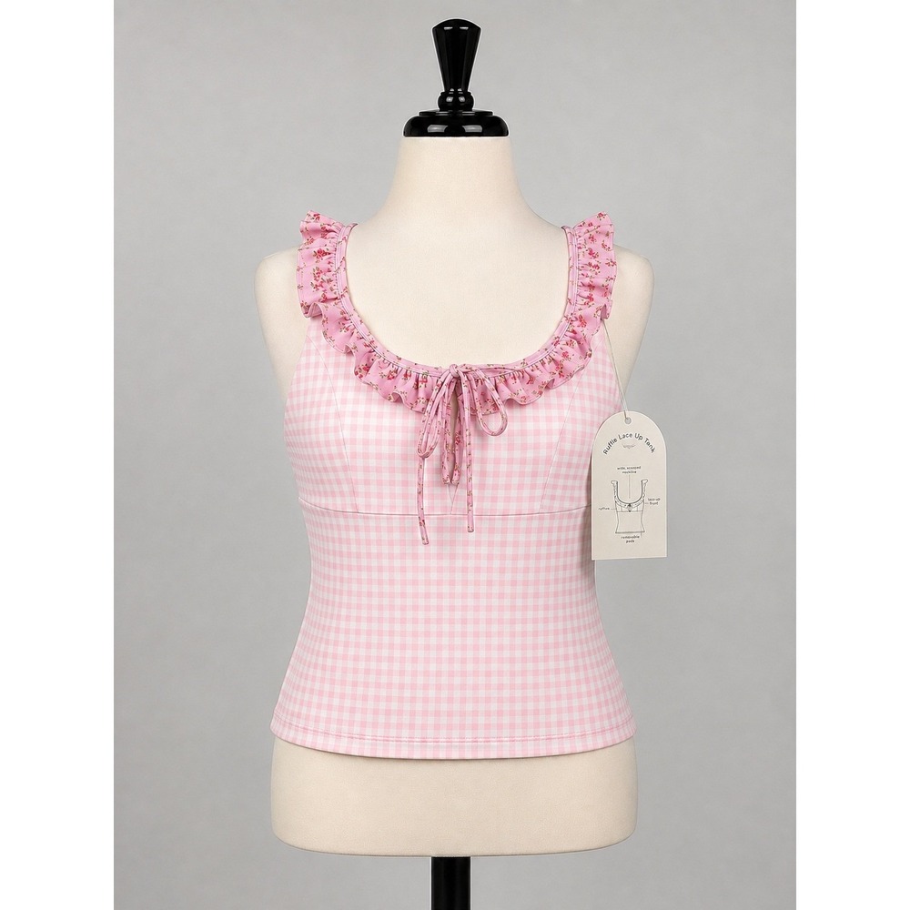 Blogilates Pink Gingham Ruffle Lace Up Tank Top Floral Trim Small NWT Balletcore